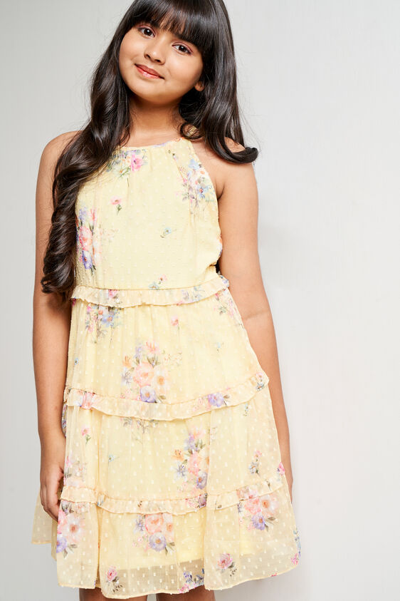 Yellow Floral Flared Dress, Lime Green, image 4